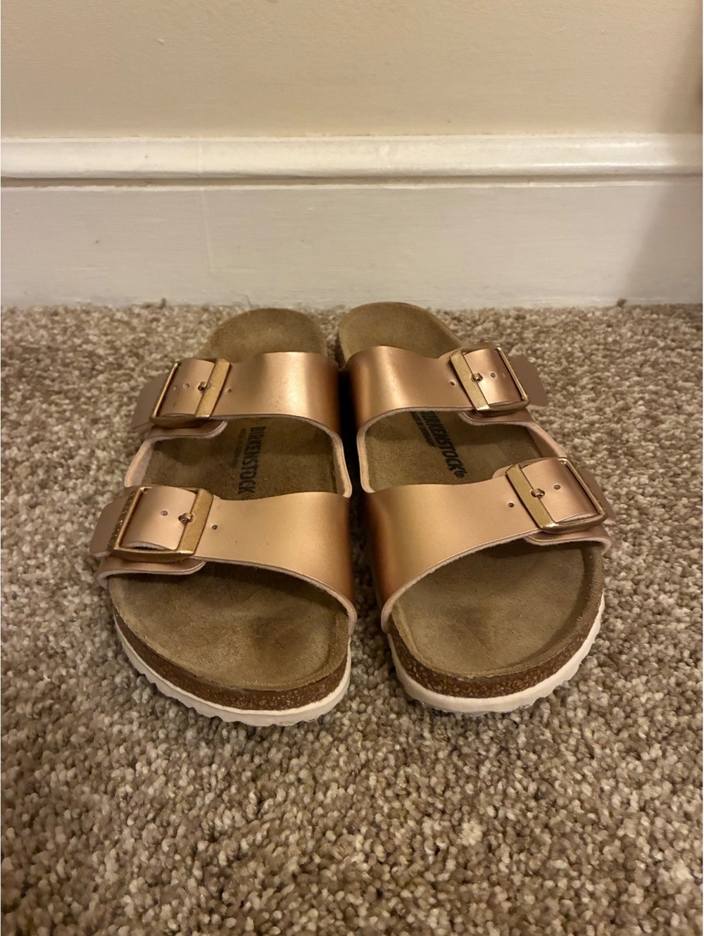 Birkenstock Arizona Metallic Rose Gold Two-Strap Sandal 34 (US 3/3.5)
